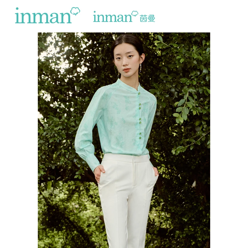 INMAN Women Blouse 2023 Autumn Long Sleeve Design Diagonal Bead Buckle Loose Shirts Chinese Jacquard Retro Unique Tops