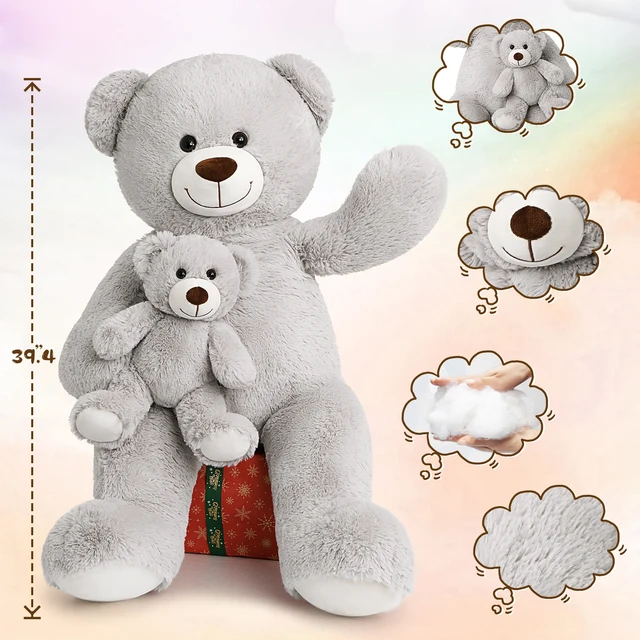 MorisMos Giant Teddy Bear Mommy and Baby Bear Soft Plush Bear Stuffed Animal for Mom and Child, 39 Inches, Gray