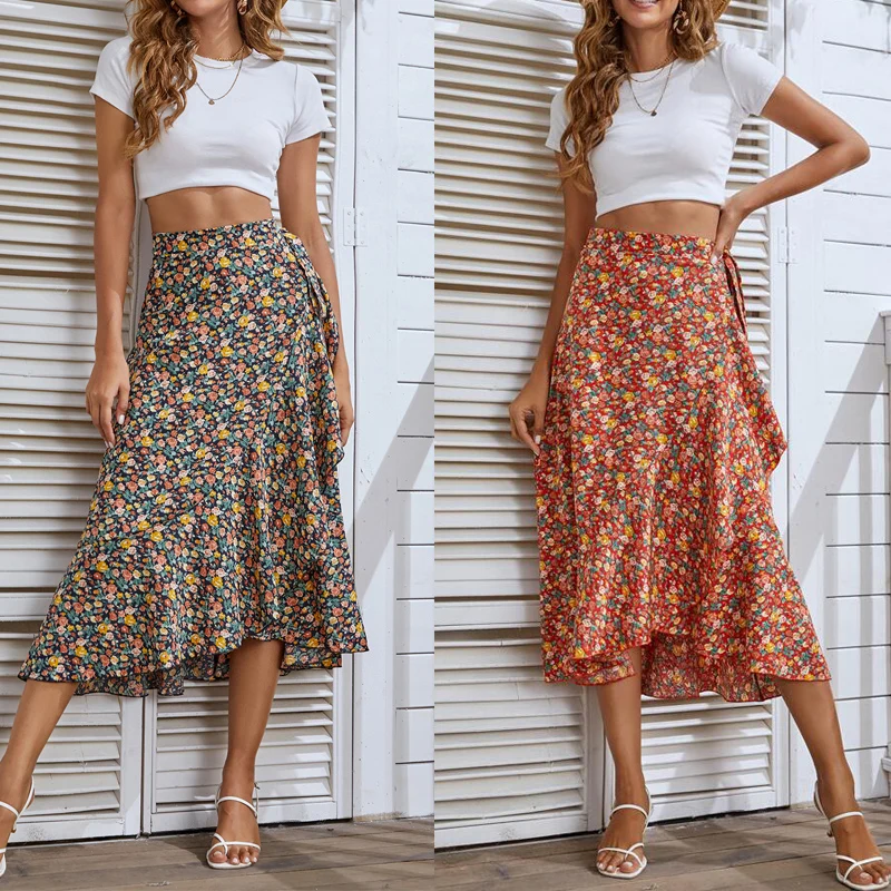

Fashion Bohemian Skirt 2023 New Irregular Split Floral Beach Wrap Long Midi Skirt