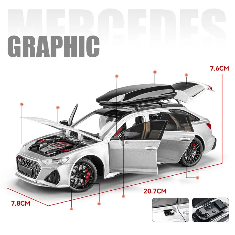 1/24 Audi RS6 Toy Car Model 1:24 Diecast Racing Vehicle Miniature Pull Back Sound Light Doors Openable Collection Gift For Kid 3