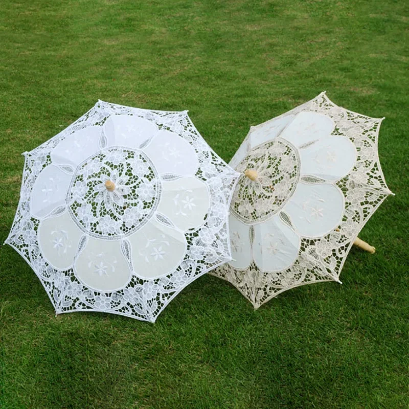 2 Pieces Wedding Lace Umbrella Cotton Bridal Umbrella White Beige For Wedding Decoration Photography Official-Website