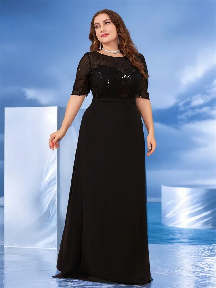 Plus Size Elegant Short Sleeves Sequin Formal Evening Dress Women Chiffon Black Mermaid Bridesmaid Party Maxi Prom