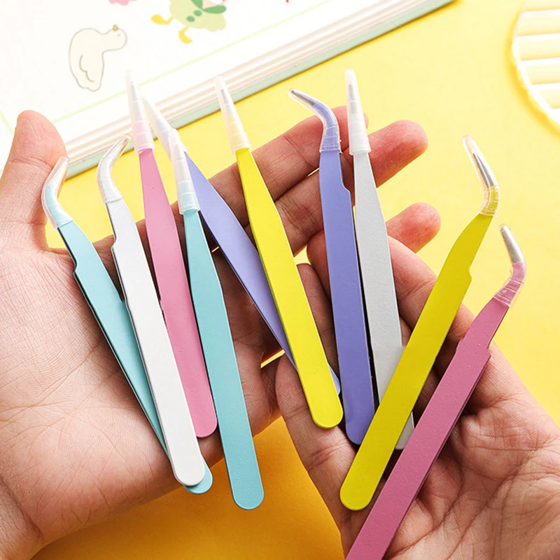Stainless Steel Straight Curved Tweezers Colorful Pink Blue Purple DIY Eyelash Tweezer Nail Art Sticker Rhinestones Picking Tool 2