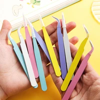 Stainless Steel Straight Curved Tweezers Colorful Pink Blue Purple DIY Eyelash Tweezer Nail Art Sticker Rhinestones Picking Tool 2