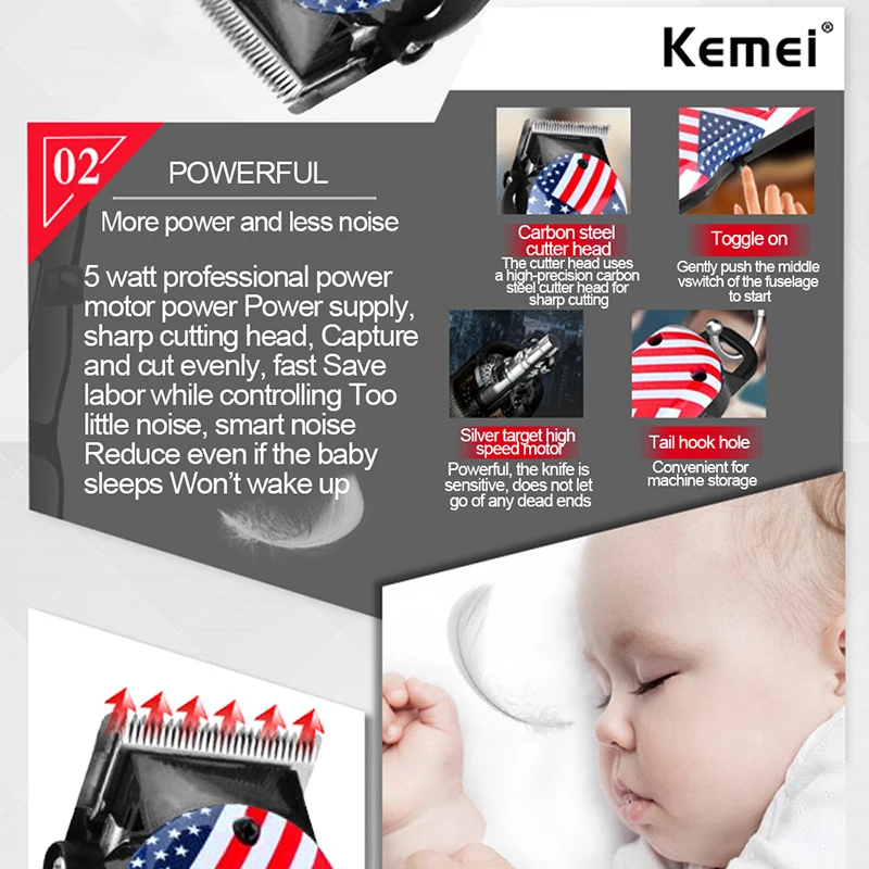Kemei Professional Rechargeable Hair Clipper 110-240V Powerful Electric Hair Trimmer Razor Haircut Styling Tool American Flag