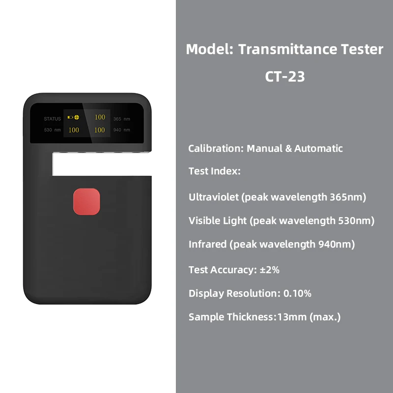 휴대용 투과율 시험기 CT-23, UV, VL, IR 안경 투과율 시험기, 시험 정확도 ± 2%, 유리, 필름, 램프에 적합
