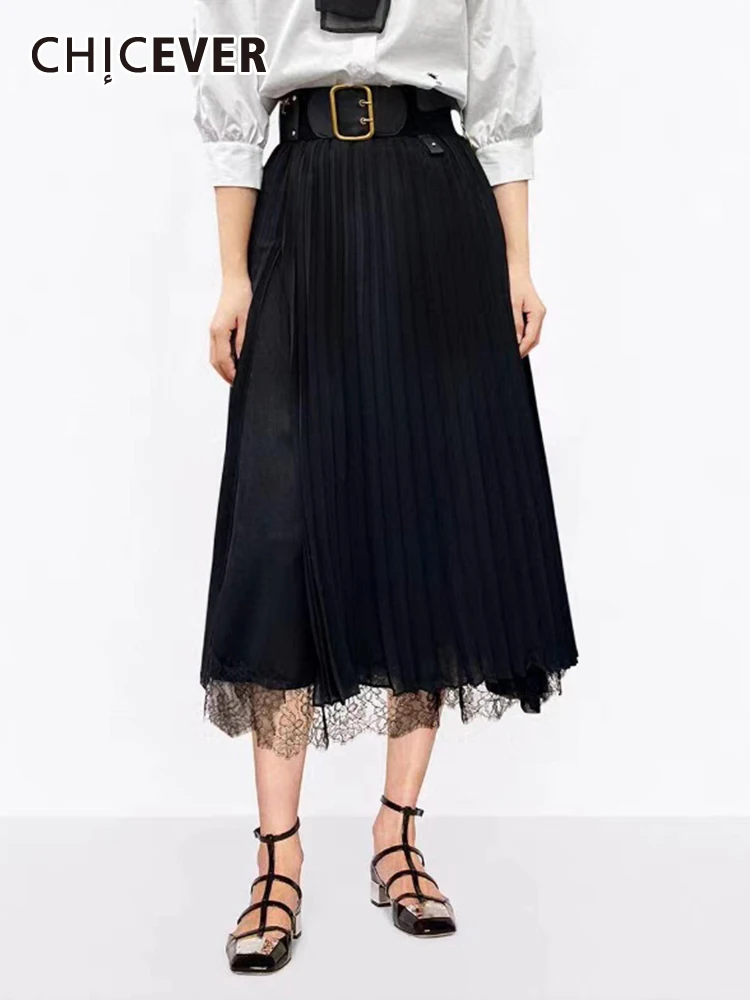 

CHICEVER Minimalist Pleated Skirts For Women High Waist Patchwork Lace Ruched Temperament A Line Midi Skirt Female Summer New