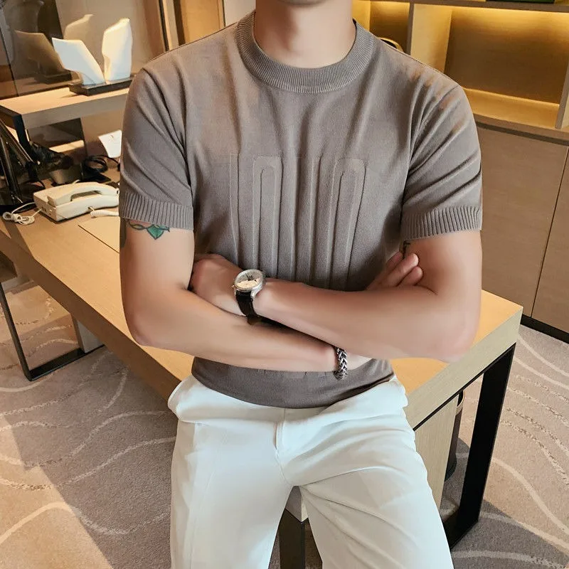 다용도 스트라이프 니트 셔츠, 반팔, 아이스 실크, 비즈니스 보터밍 상의, 한국 패션 스타일, 여름 스웨터, 신상