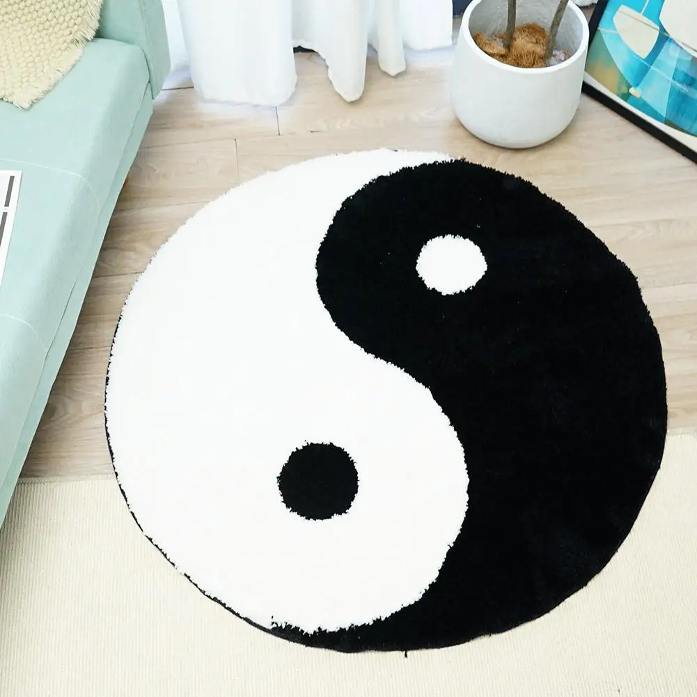 

Taiji Yinyang Gossip Flocking Carpet Round Black White Carpets For Living Room Floor Mat Rugs Bedroom Bedside Non Slip Mat