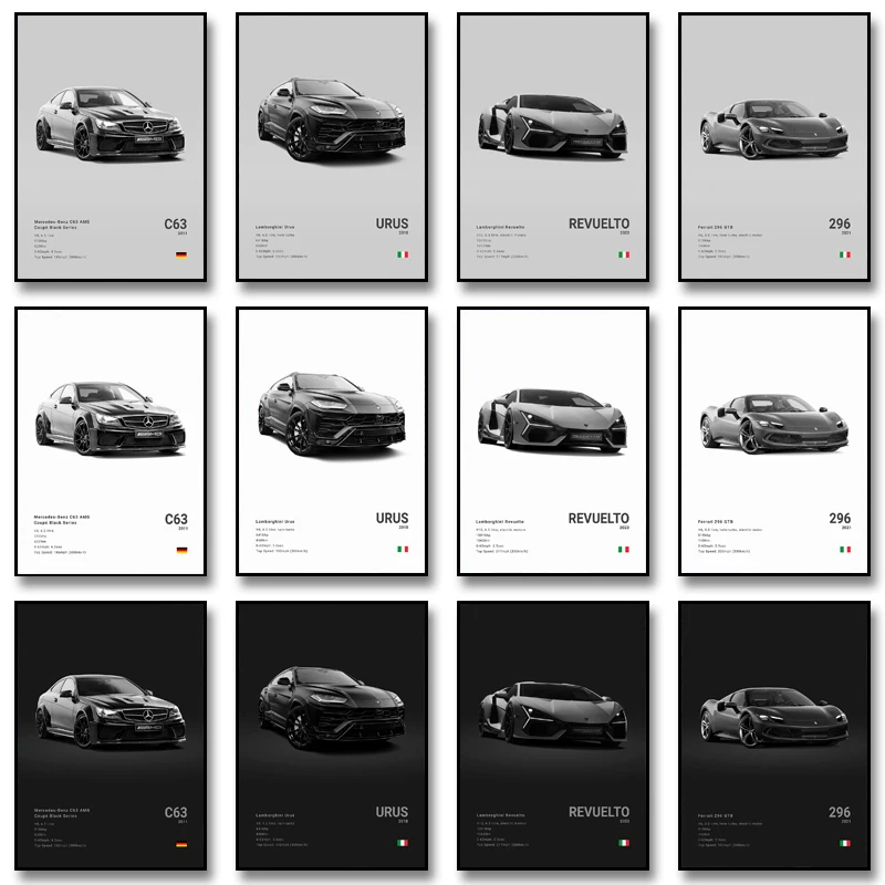 Black and White Porsche Posters and Prints Modern Cool Sports Car