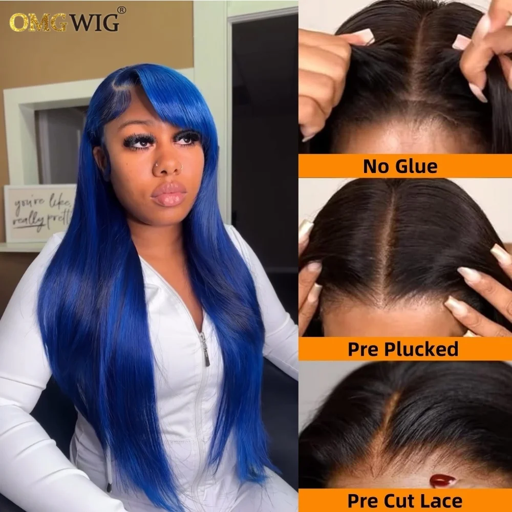 360 Wear & Go Bangs and Layers On Both Sides Human Hair Wig 5x7/4x4 Glueless Straight Wig for Black Women Brazilian Brown Blue
