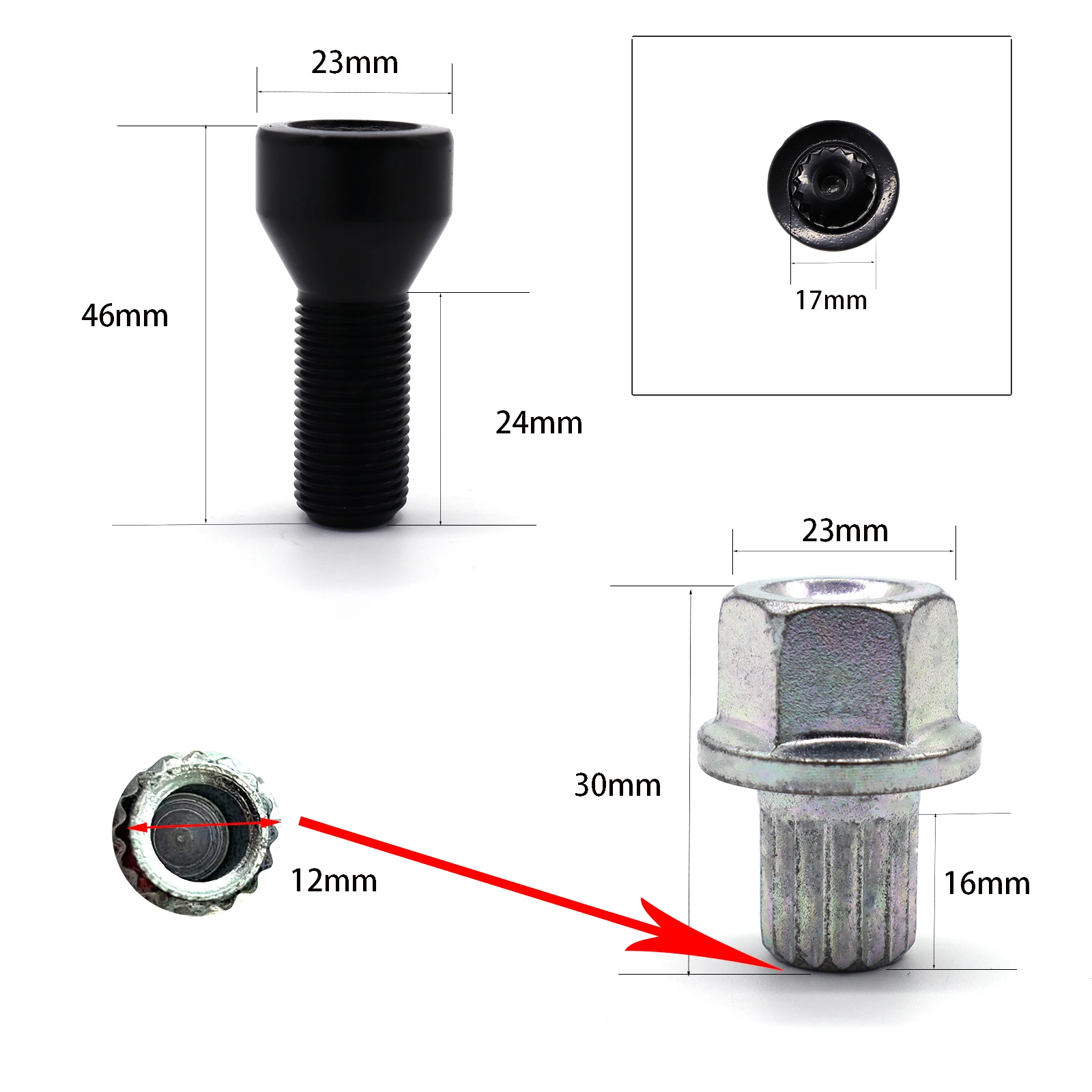 4Pcs 36136786419 Car Locking Wheel Bolt Nuts Tools Set M12 x 1.5