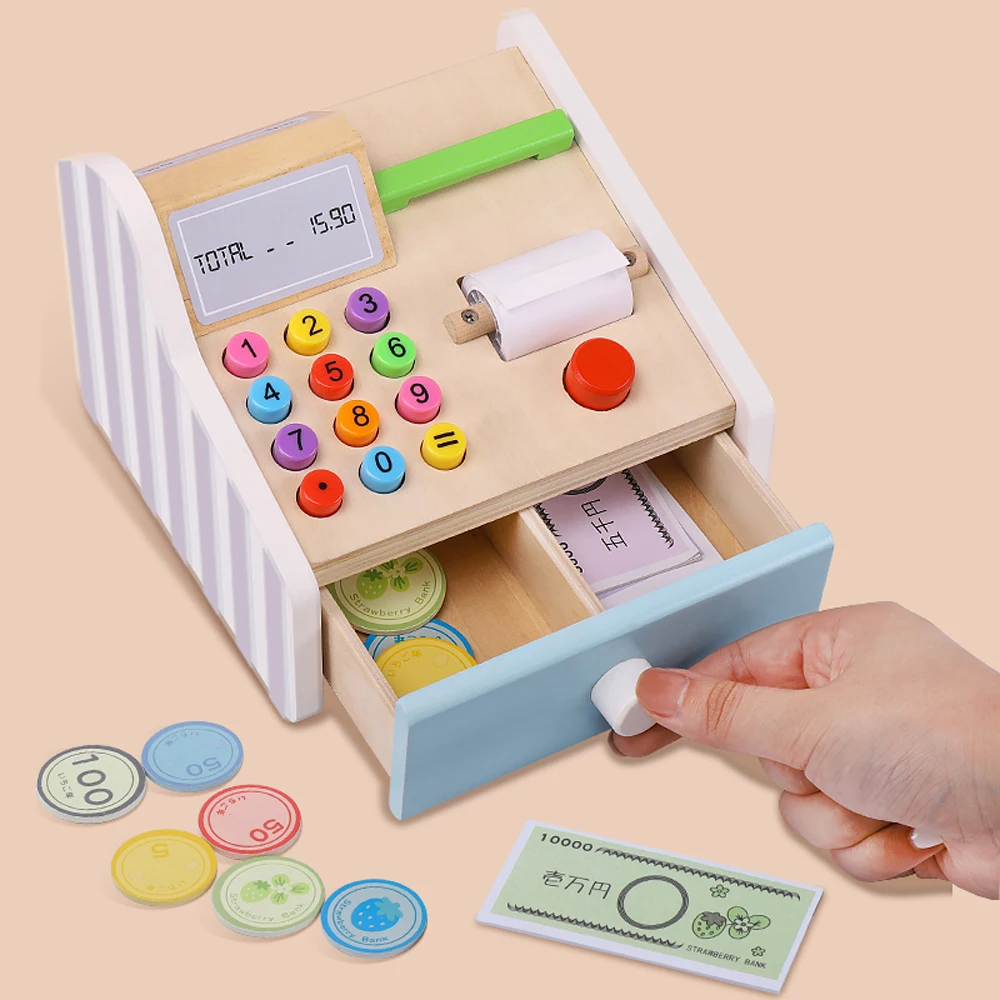Wooden American cash register cash register card reader wooden card 7 coins 3 banknotes