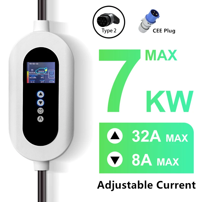 휴대용 전기 자동차 충전기, EV 충전기 타입 2, 7KW, 32A, IEC62196, J1772, GBT, EVSE 충전 스테이션