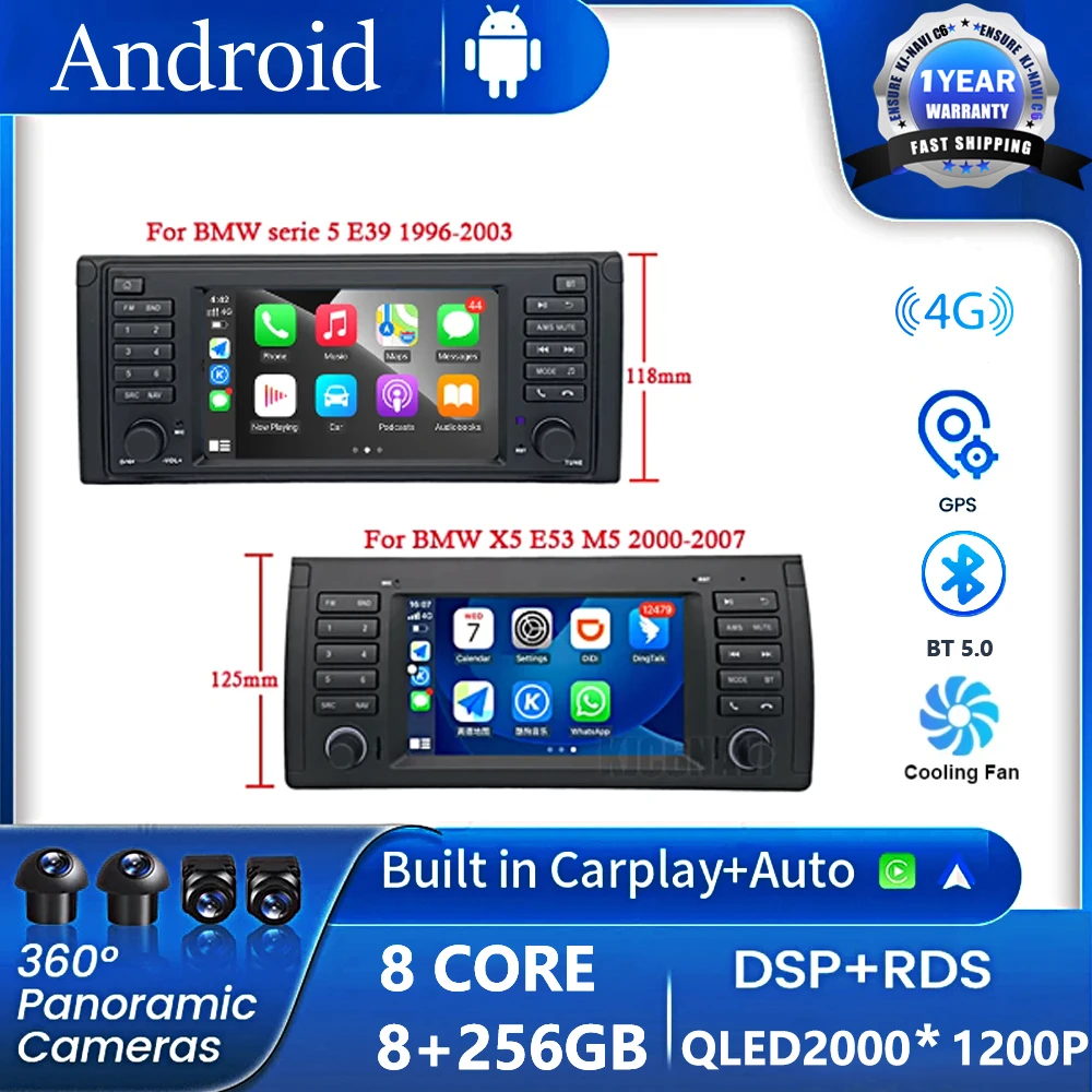 

For BMW X5 E53 E39 Car Radio Multimedia Navigation GPS Carplay No 2din Stereo Android 14 OS WIFI DSP 7Inch Screen Bluetooth FM