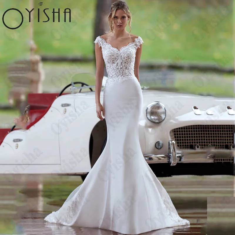 

Oyisha Cap Sleeve Appliques Bride Party V-neck Mermaid Satin Wedding Dresses For Women Lace Appliques Vestido Novia Custom Made