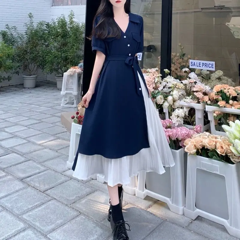 ドレス ロング Aライン 半袖 Vネック 韓国 エレガント 上品 大人 女性のための韓国のVネックロングドレス,エレガントなサマー