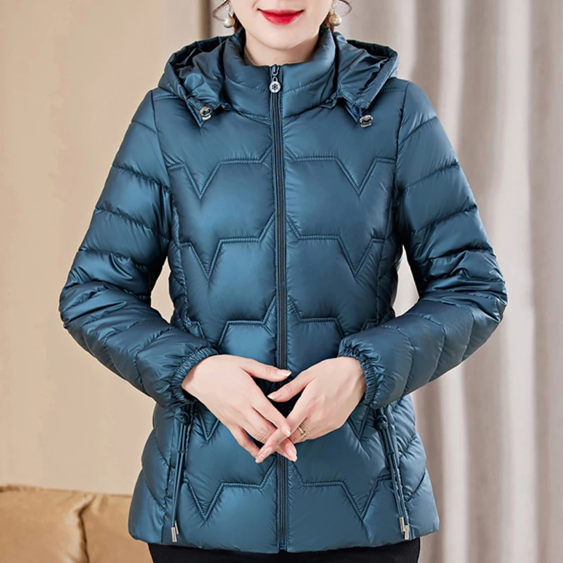 

Winter Middle-aged Woman Jackets Hooded 2023 New Thick Warm Short Parkas Female Outerwear Elegant Solid Color Padded Coats