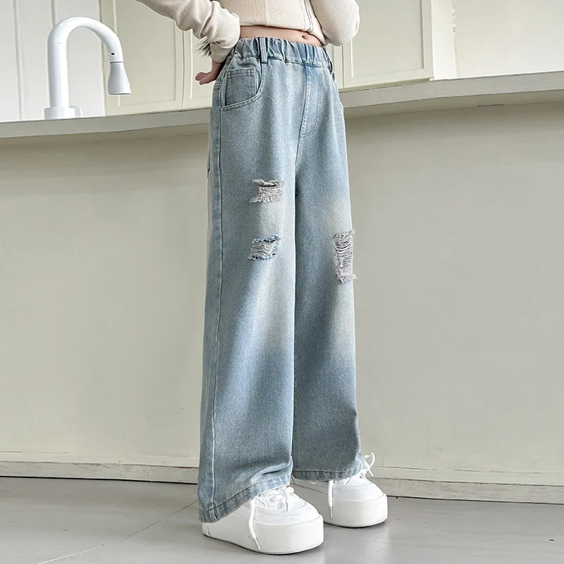청소년을위한 구멍이있는 아동 패션 디스트레스드 헐렁한 청바지 소녀 캐주얼 파손 데님 바지 어린이 세련된 찢어진 청바지 바지