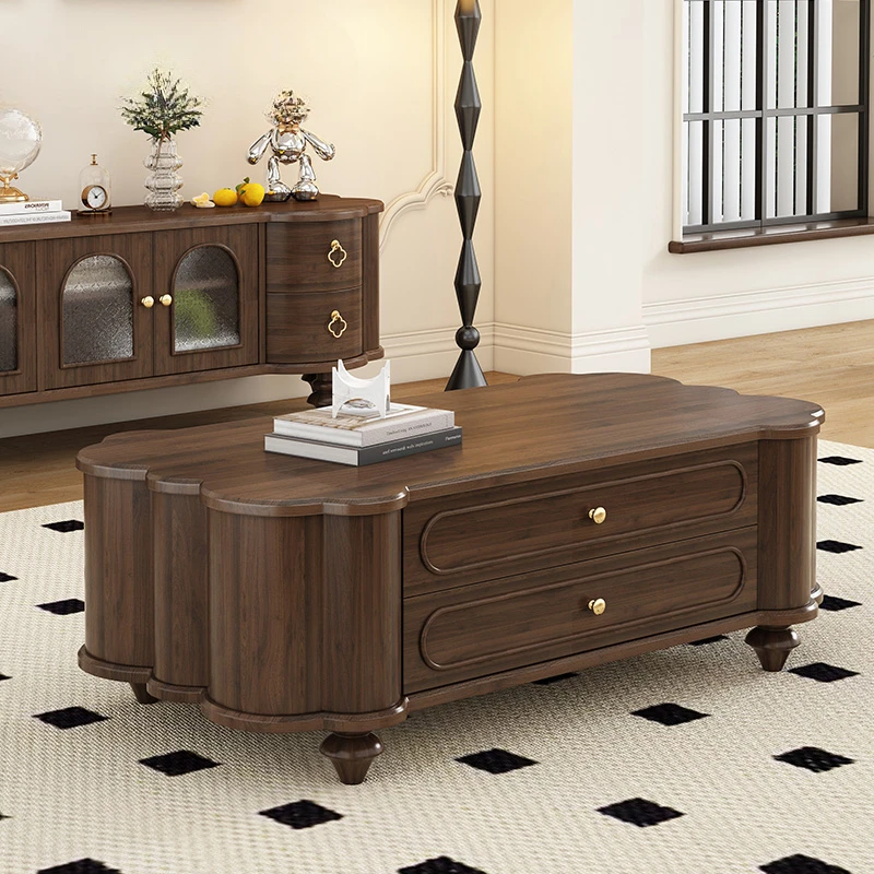 

French Retro Solid Wood Tea Table Black Walnut Cream Style Mid-Ancient Living Room American Tea Table TV Combination