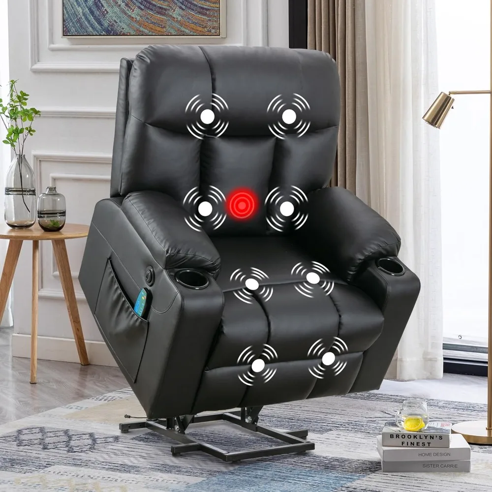 Extra Wide Power Lift Recliner with Heat & Massage, Faux Leather Chair for Elderly Adults, 2 Cup Holders