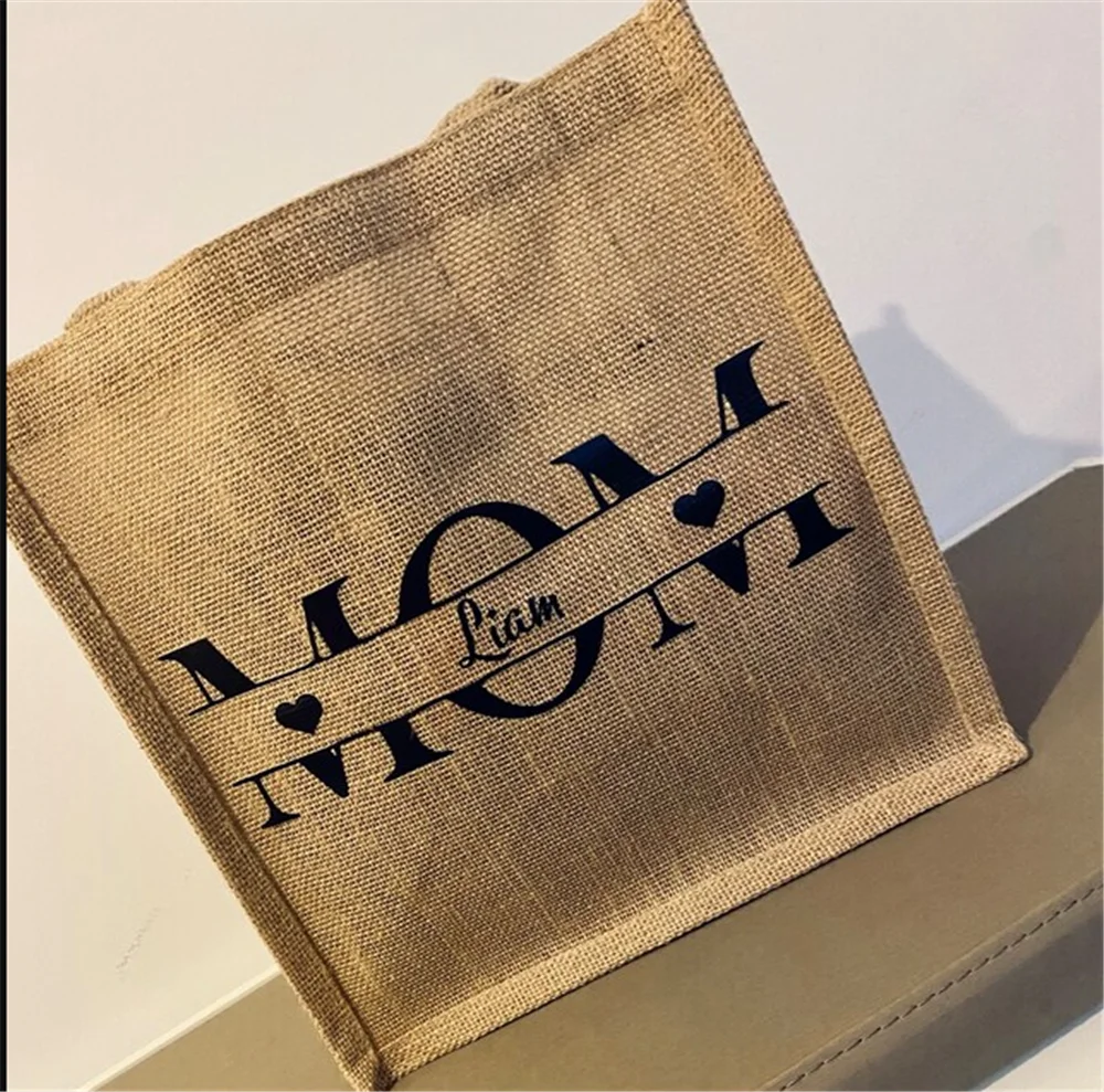 Personalized Name Beach Jute Bag Mother\'s Day Gift Jute Bags Beach Party Handbag Unique Custom Name Gift Shopping Bag for Mom