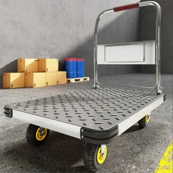 Carrello in acciaio, Carrello a quattro ruote, Carrello piatto per trasporto espresso, Carrello pieghevole piccolo, Carrello per spinta e trazione