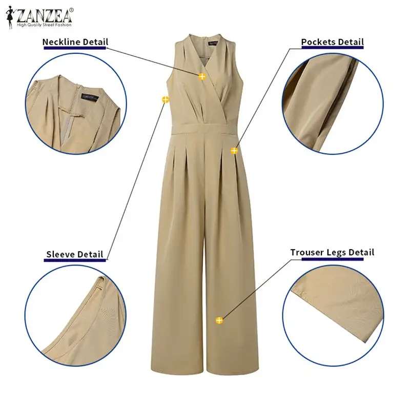 Fashion Summer Women Jumpsuits Sleeveless ZANZEA Solid Wide Leg Pants V Neck Party OL Work Overalls Long Playsuits Streetwear 4