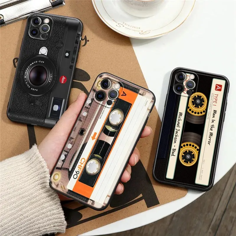 Retro Music Cassette Tape Videocamera Vintage Custodia Nera Per Telefono Per Iphone 15 12 11 13 14 Pro Max Xs X 8 7 Plus Se2 Cover Fundas