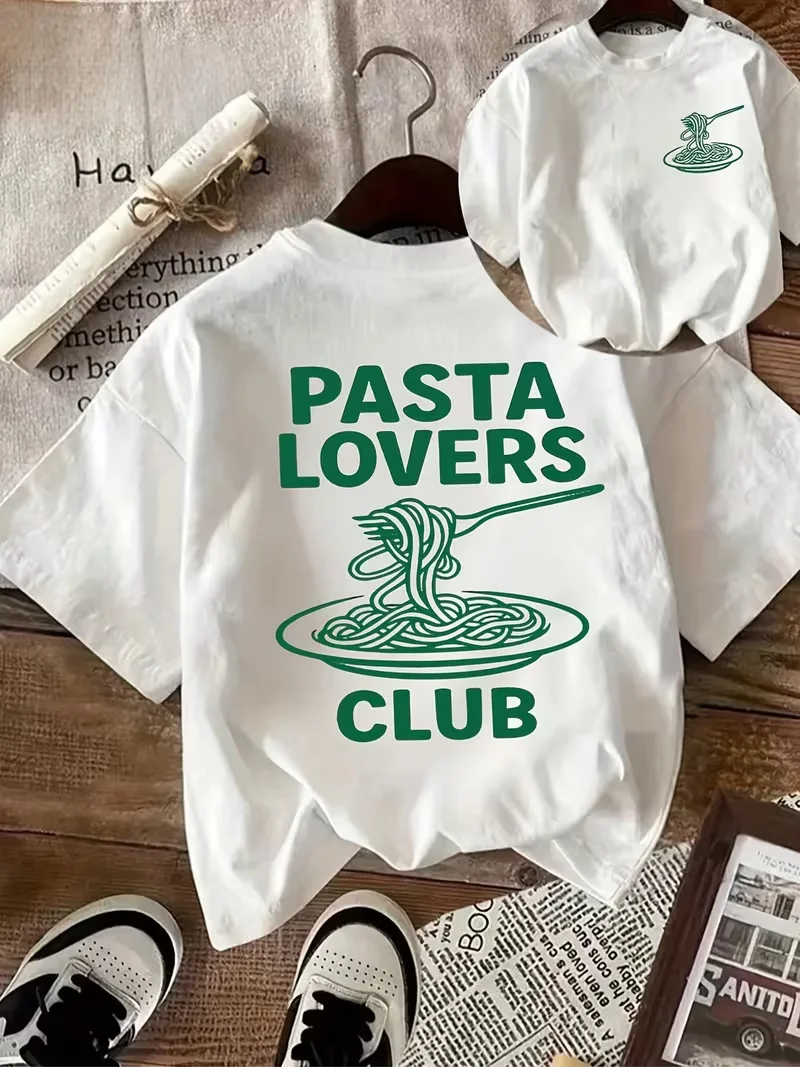 Eat Pasta Run Fasta Lustiges Grafik-T-Shirt, Vorder- und Rückseite mit Rundhalsausschnitt, Kurzarm-Oberteil für Damen, Italienisches Reise-Sommer-Alltagsoberteil – Detail 2