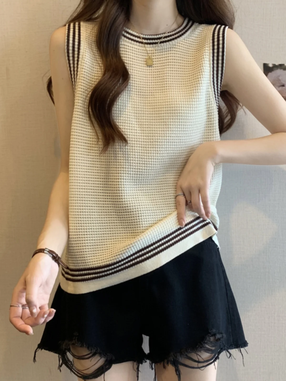 

Knitted O-neck Pathwork Top Women Knitting Jumper Sweater Vest Spring Summer 2024 Ladies Female Loose Vest Sweater W80