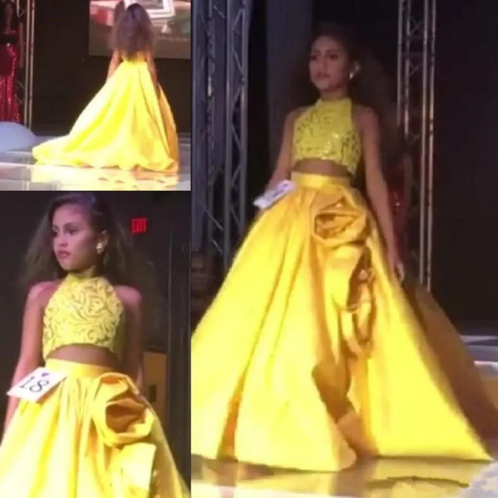 

2022 Sparkly Two Pieces Girls Pageant Dresses Halter Neck Sequins Crop Top Yellow Flower Girls Kids Formal Gowns Handmade Flower