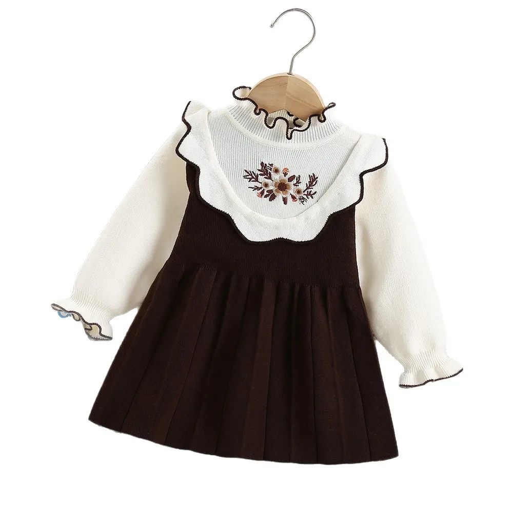 Knitted Girls Dress with Embroidered Flowers