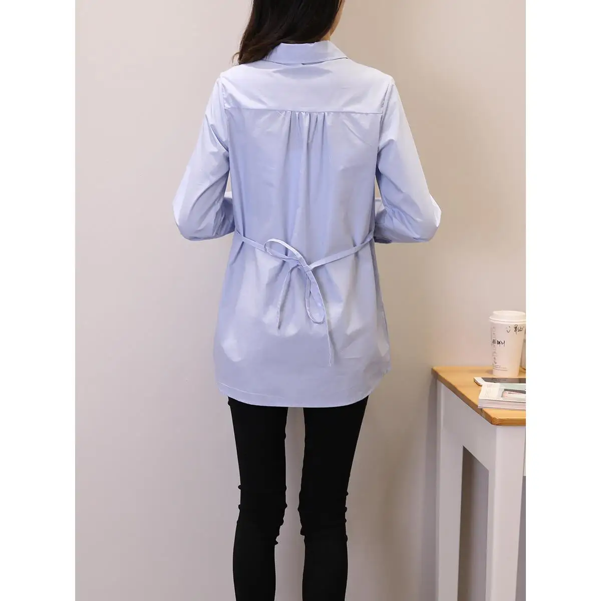 임산부용 긴팔 셔츠, 카라형, 루즈핏, 봄/가을, 블루/화이트, 전문직/캐주얼, 임산부 의류