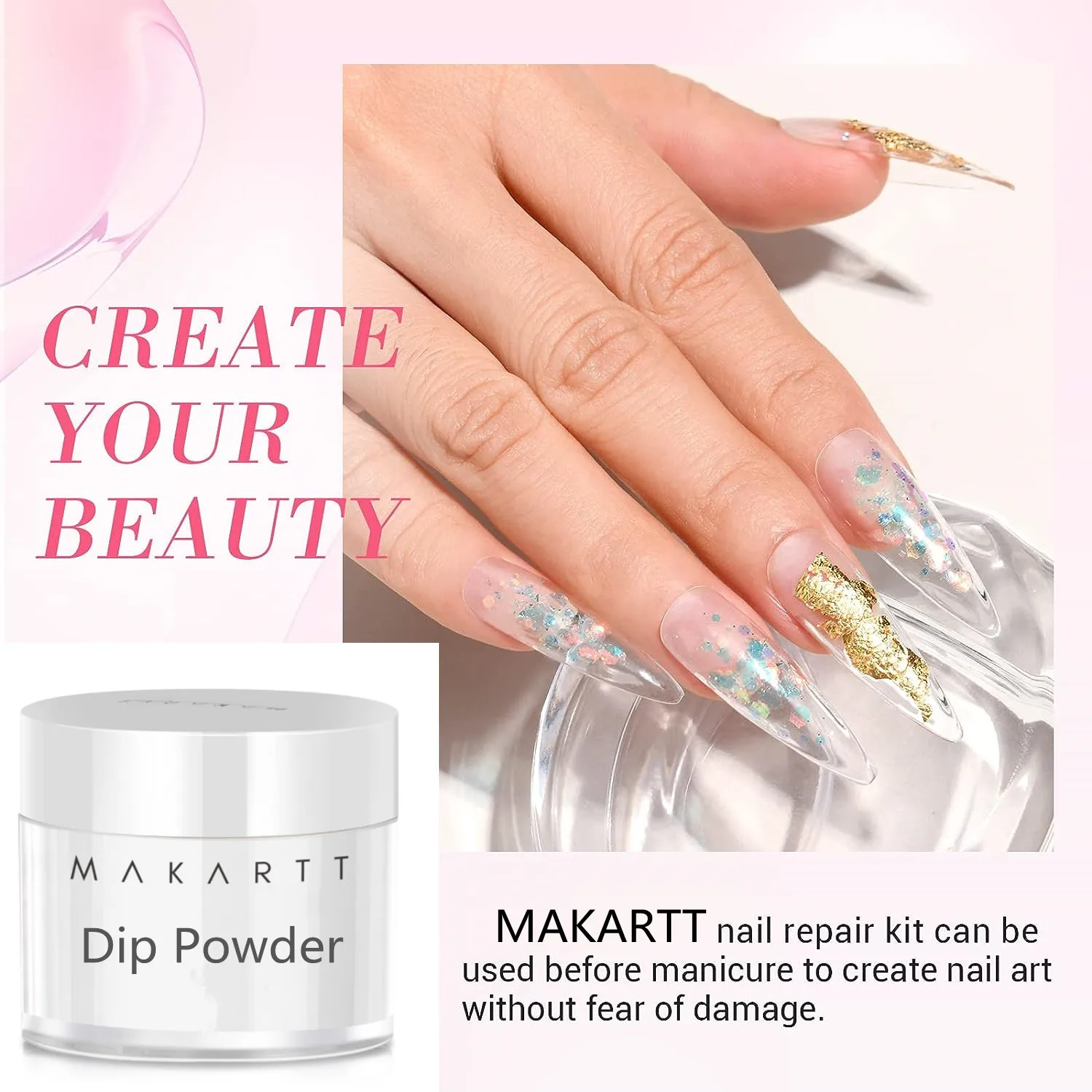 Makartt Nail Repair Kit for Cracked Natural Nail, Clear Dip Powder Nail Kit Starter Set with 2 in 1 Base Top Coat, Activator 5