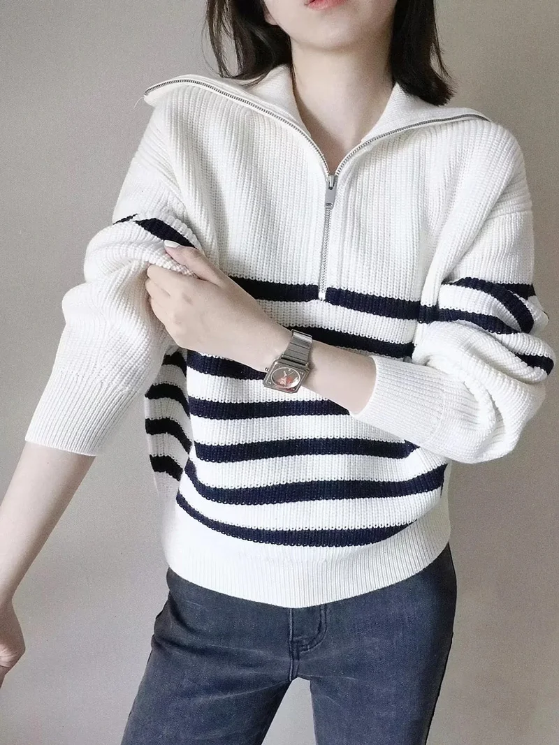 Sun-imperial - women striped chunky quarter zip collared