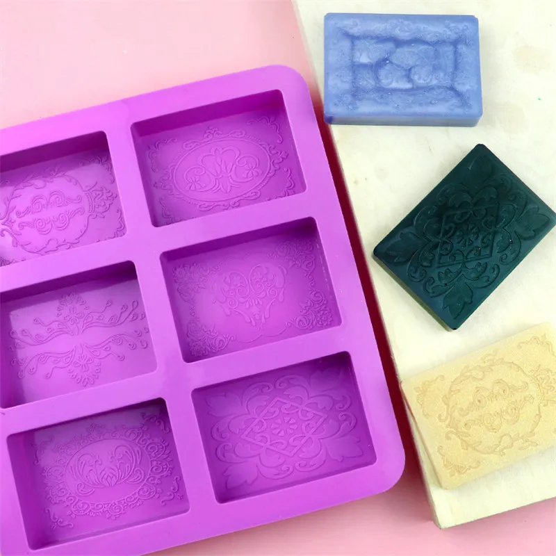 Silicone Mold 6 grid Handmade Soap Floral Pattern Flat Bottom Essential oil Toilet Soap DIY Baking Cake Square