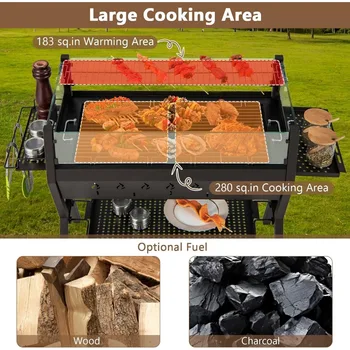 Charcoal Grill with Glass Wind Guard, Outdoor Barbecue Charcoal Grills with Seasoning Racks & Storage Shelf, Warming and Cookin 5