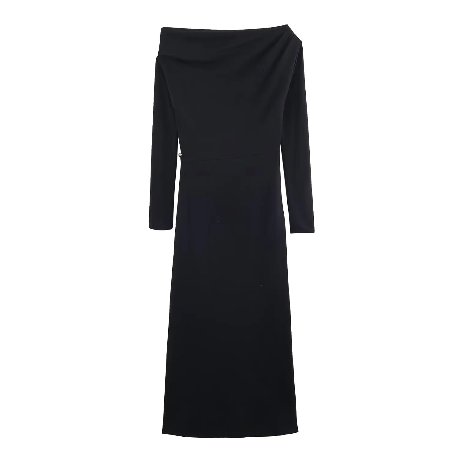 Women's Solid Black Long Dresses Spring Female Long Sleeve Soft Midi Dresses Fashion Elegant Lady Folds High Street Slim Dress