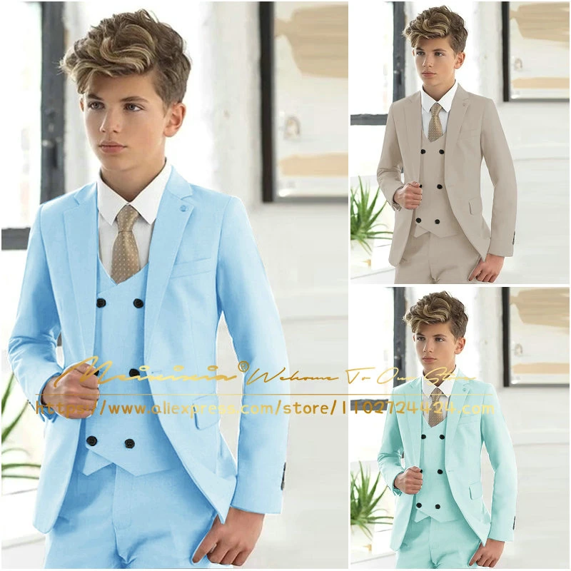 Casual Light Blue Boys Formal Suits Clothing Set Kids Coat Vest Pants