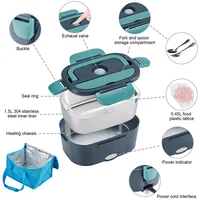 Boîte à déjeuner électrique 2 en 1, chauffe-aliments portable anti-fuite, boîte à déjeuner bento micro-ondes 1.5/2/2.5 L avec récipient en acier inoxydable 6