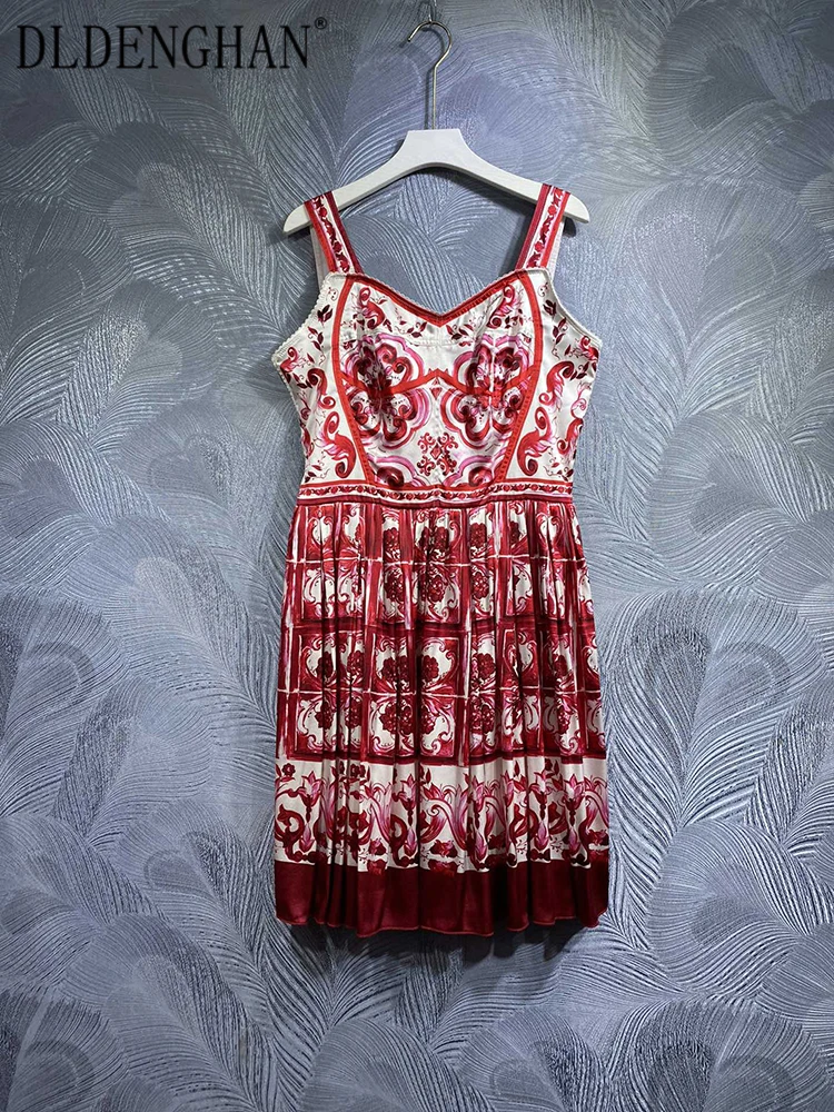 

DLDENGHAN Early Autumn 100% Silk Backless Dress Women Spaghetti Strap Floral Print Vintage Party Mini Dress Fashion Designer New