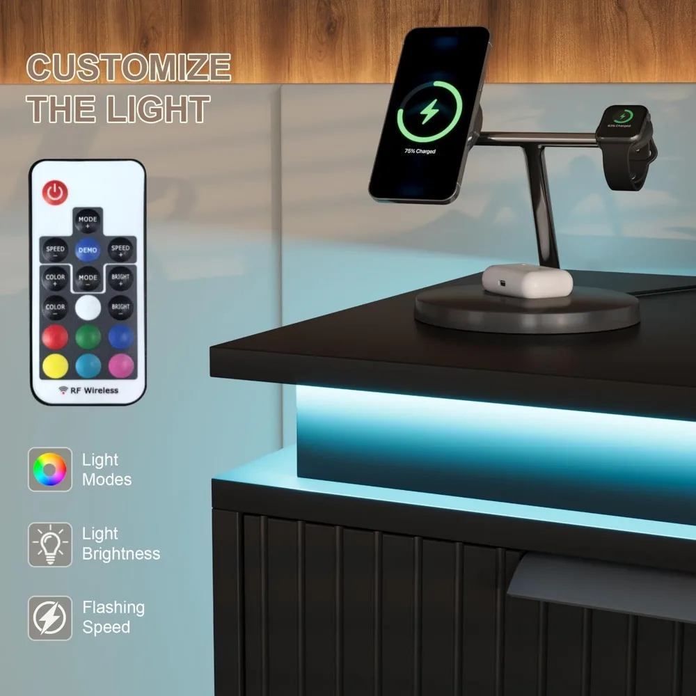 Nightstand with LED Light, Set of 2 Night Stand with Drawers, Black Bedside Table, Modern End Side Table for Bedroom 3