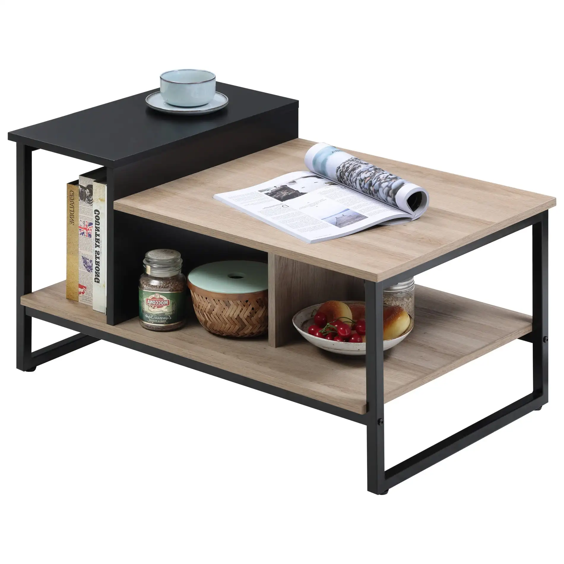 

Homooi Modern Wood and Metal Coffee Table with Storage Oak/Black Sturdy metal legs coffee table Desktop multi-layer design