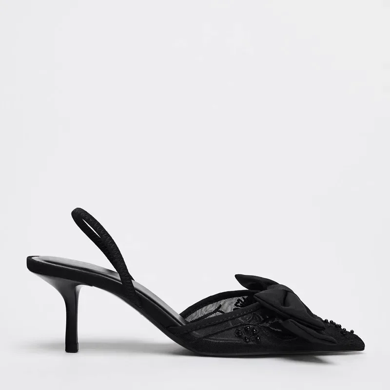 Brand Designer Thin High Heels Women Bow String Bead Pointed Slingback Mules Pumps Mesh Embroider Elegant Dress Sandals Female women slingback sandals,women high heels shoes,women dress shoes