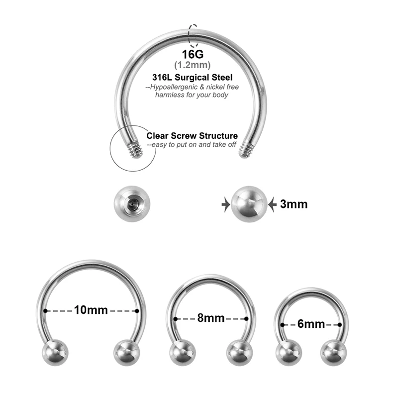 3PCS Smiley Bar BCR Circular Barbell Septum Piercing Nose Rings Horseshoe Hoop Punk Earring Eyebrow Tragus Lip Piercing Ring 16G nose rings piercing jewelry body piercing earrings ear piercing jewelry hoop earrings body piercing jewelry body jewelry
