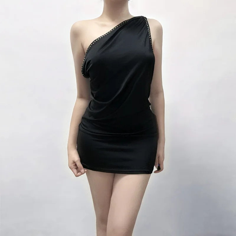 Summer New 2026 Women's Sexy Deep V Splicing Rivet Halter Backless Dress Fashion Street Style Solid Color Hip Wrap Mini Dress