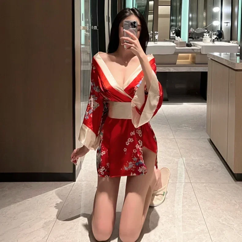 Sexy Lingerie Japanese Kimono Seductive Topless Print Women's Pajama Set Uniform Temptation Sleepwear Traditional Dress Robe Japanese Kimono Japanese Kimono Cardigan Japanese Kimono Shirt
