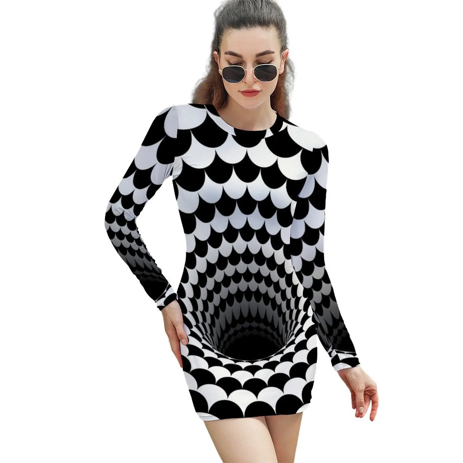 

Optical Illusion Black Hole Scales (Black/White) Long-Sleeved Sheath Dress Women's summer suit summer dress woman 2024