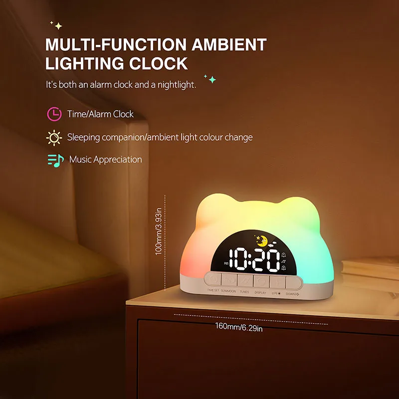 Sunrise Simulation LED Desk Lamp Wake-up Light Alarm Clock Bear Shaped Night Light Mood Lighting for Bedroom Desktop Decor
